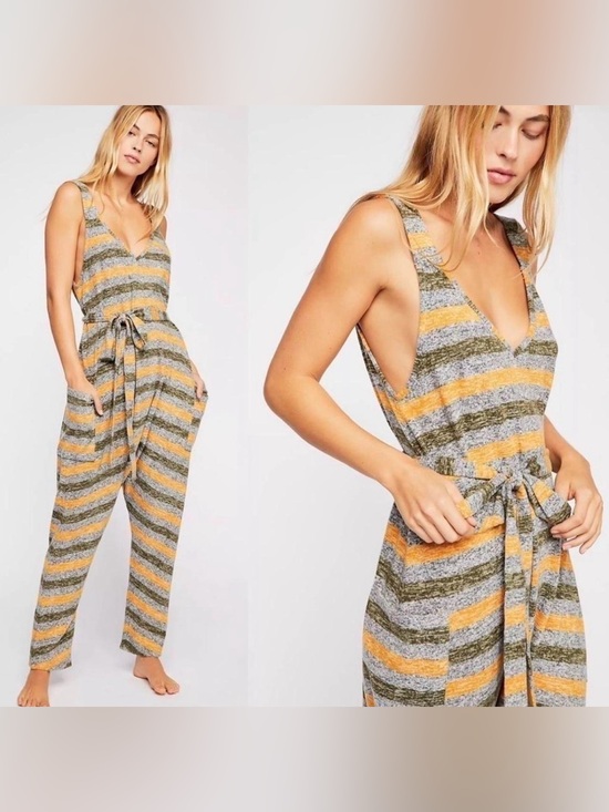 Free People Pants - Free People Striped V-Neck Jumpsuit in Yellow, Gray, Olive